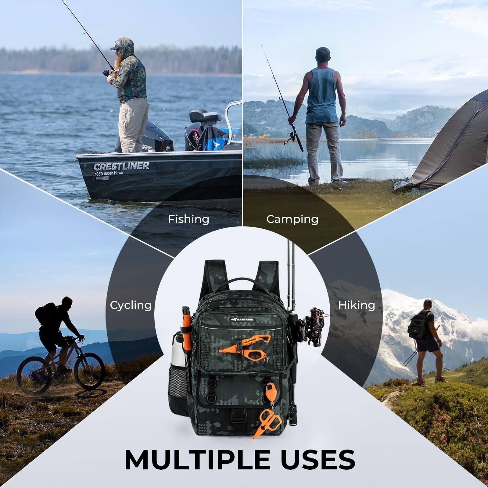 50L Interchangeable Fishing Backpack with 4 Included 3600 Tackle Boxes