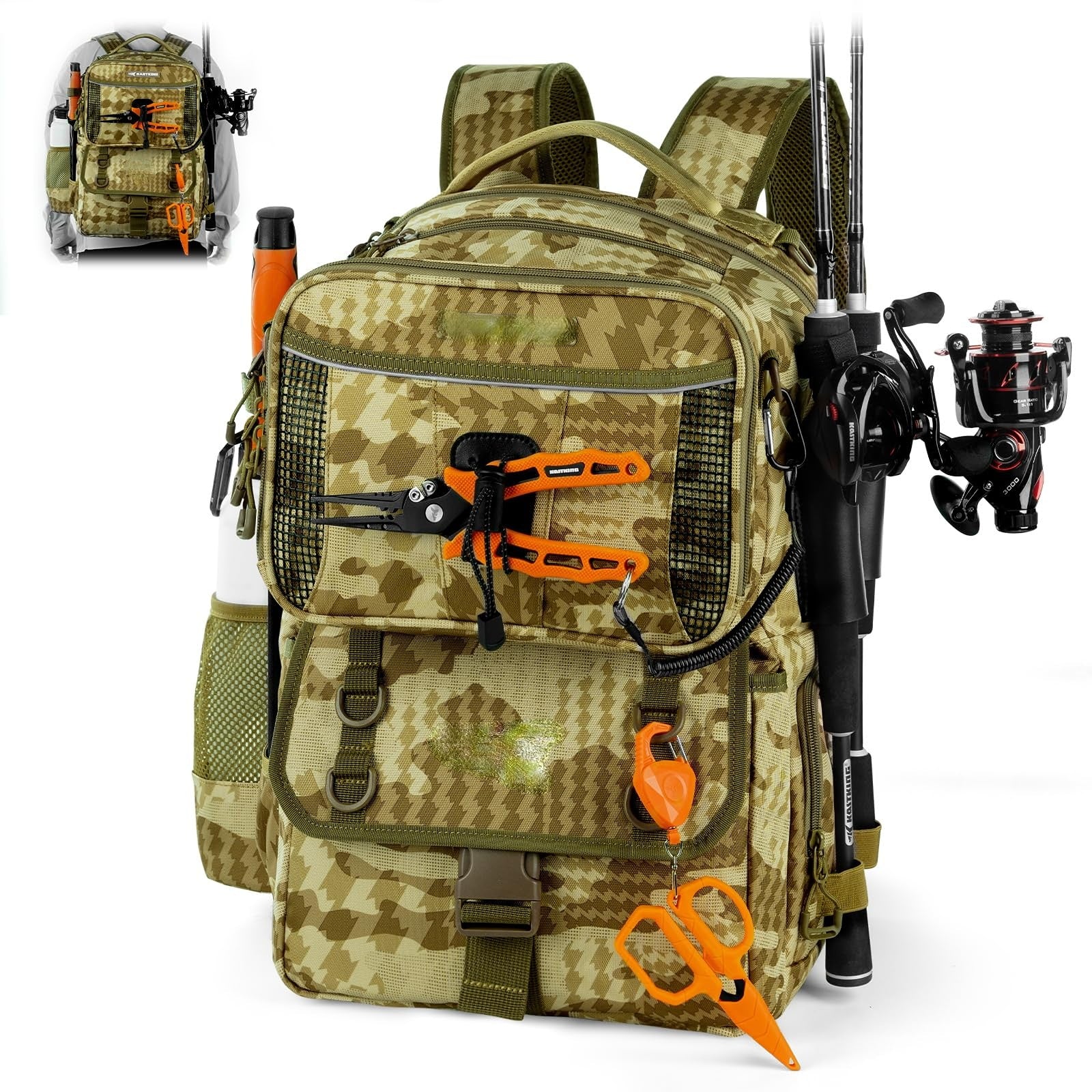 50L Interchangeable Fishing Backpack with 4 Included 3600 Tackle Boxes