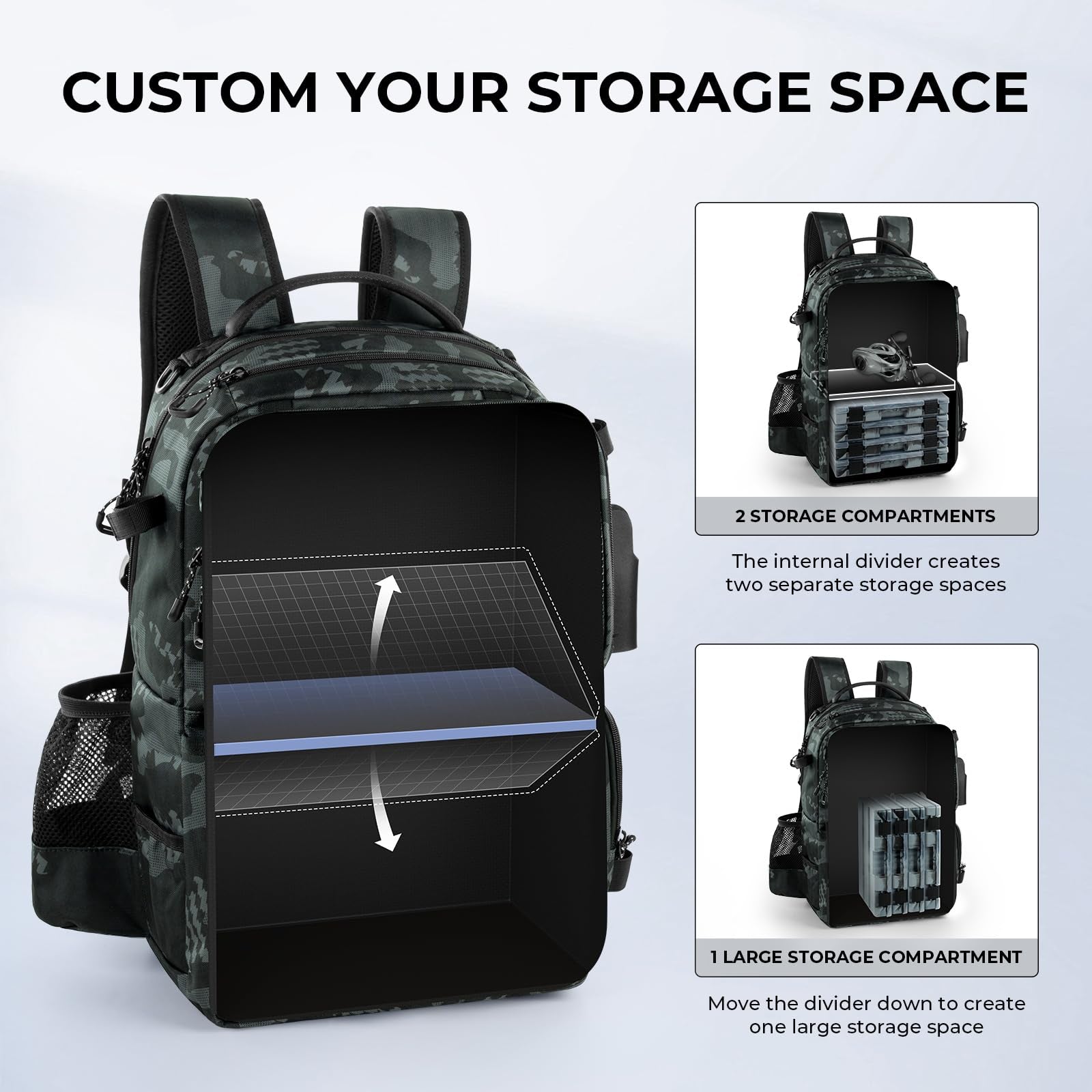 50L Interchangeable Fishing Backpack with 4 Included 3600 Tackle Boxes