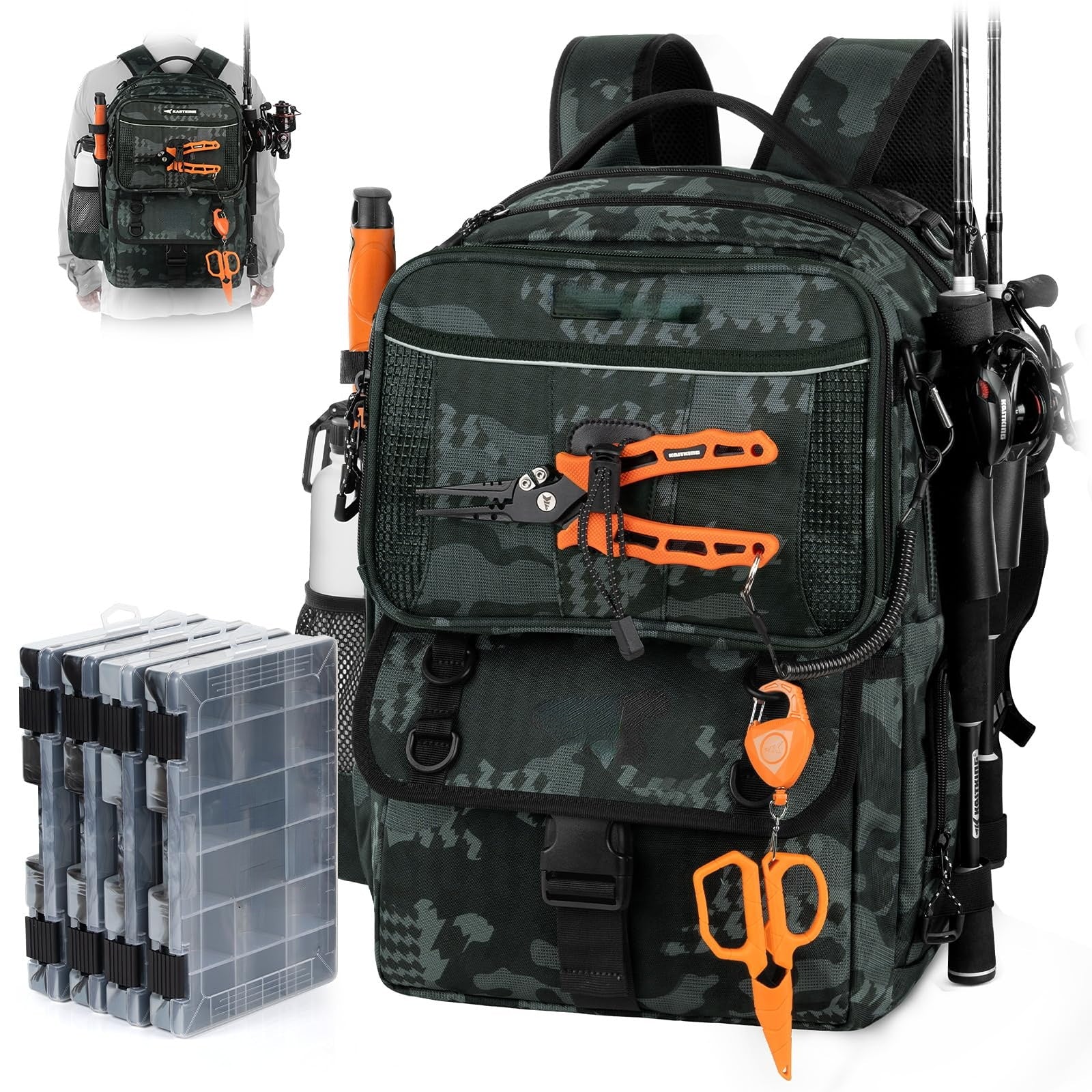 50L Interchangeable Fishing Backpack with 4 Included 3600 Tackle Boxes