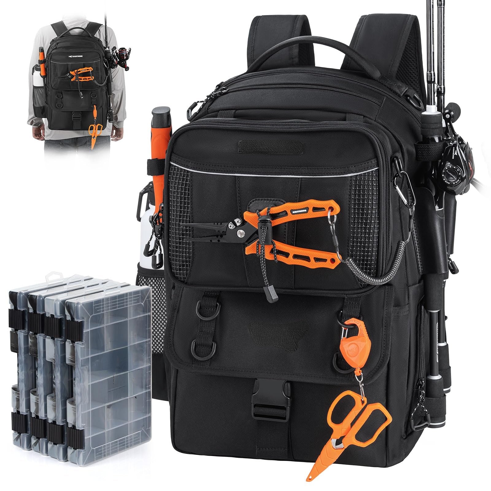 50L Interchangeable Fishing Backpack with 4 Included 3600 Tackle Boxes