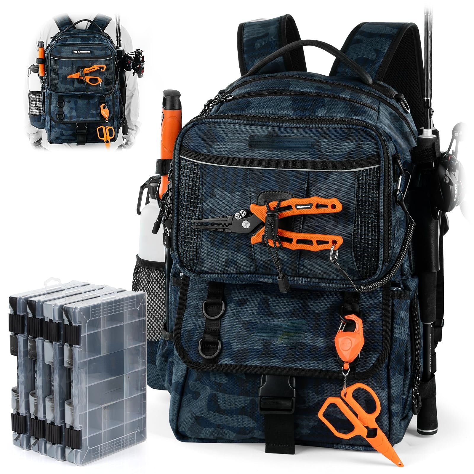 50L Interchangeable Fishing Backpack with 4 Included 3600 Tackle Boxes