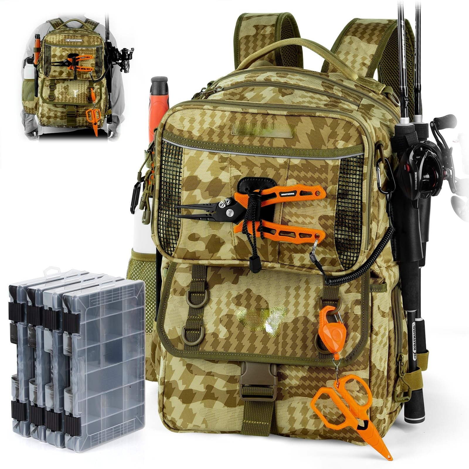 50L Interchangeable Fishing Backpack with 4 Included 3600 Tackle Boxes