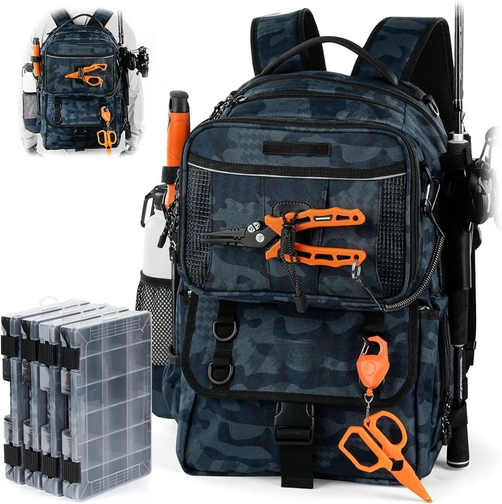 50L Interchangeable Fishing Backpack with 4 Included 3600 Tackle Boxes