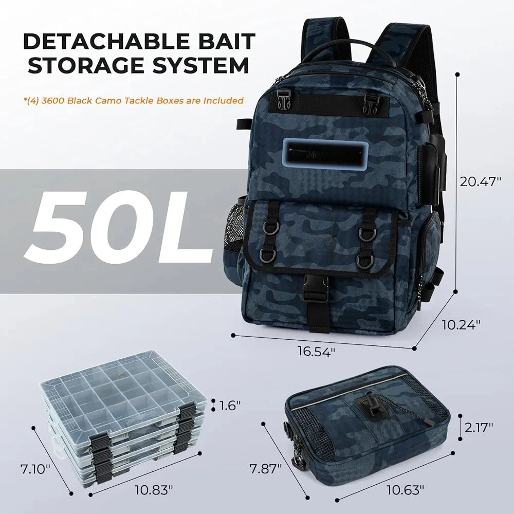 50L Interchangeable Fishing Backpack with 4 Included 3600 Tackle Boxes