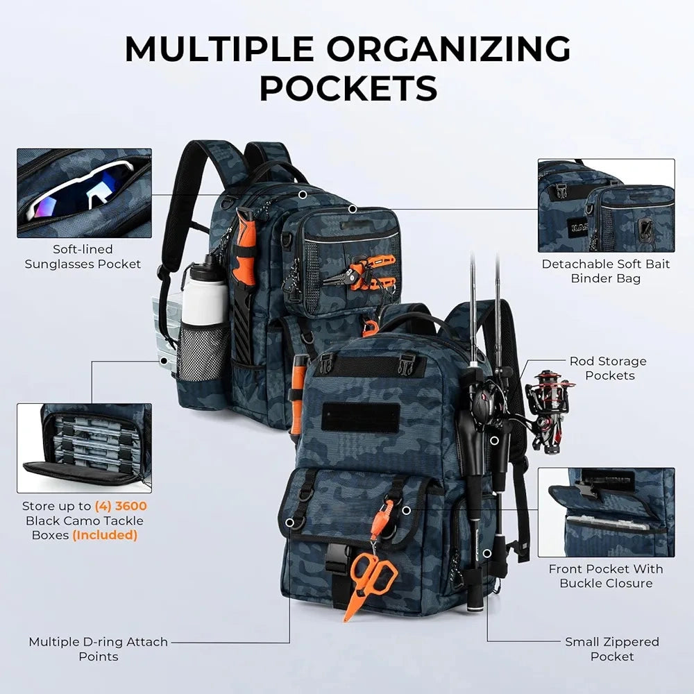 50L Interchangeable Fishing Backpack with 4 Included 3600 Tackle Boxes